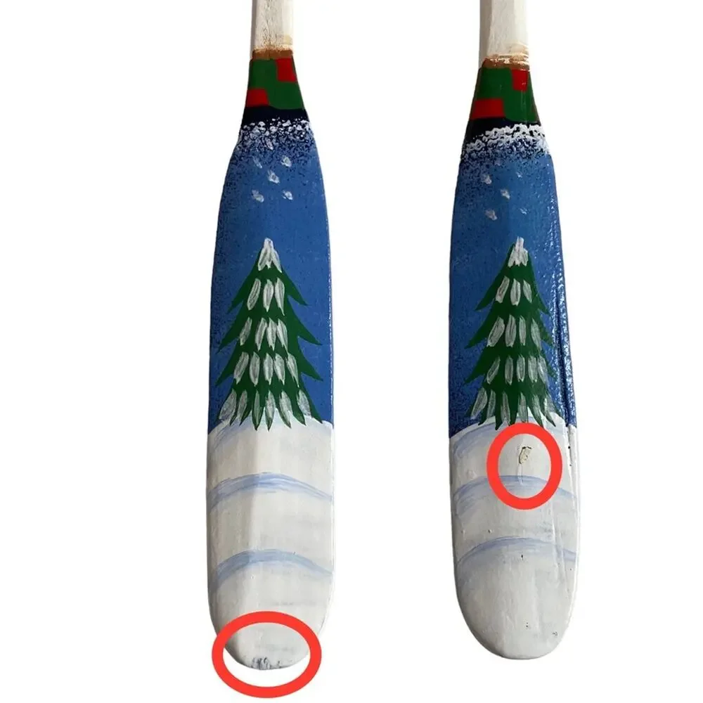 Vintage Wooden Canoe Oar Paddle Christmas Ornament Hand Painted Tree Pair Cabin
